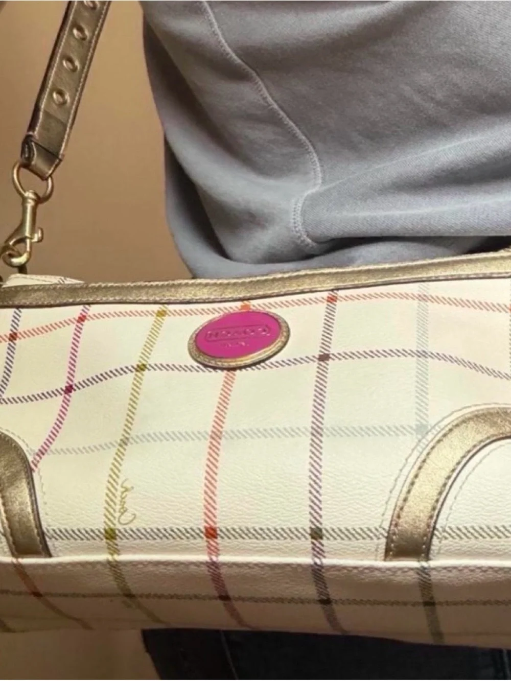 Coach Pink Plaid Shoulder Bag with Gold Metallic Trim